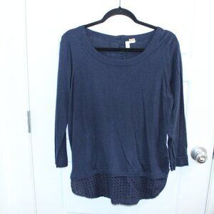Anthropologie Moth Navy Blue 3/4 Sleeve Button Back Sweater Size Large